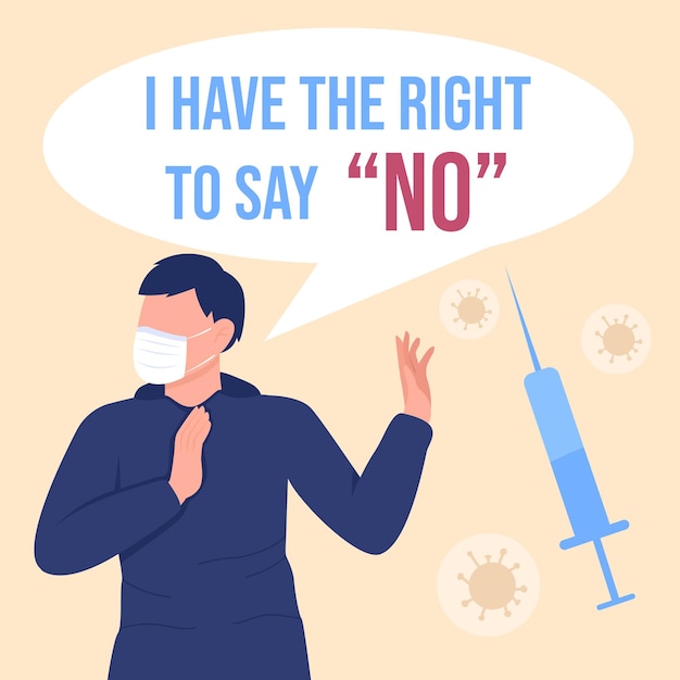 Anti Vaxxer Social Media Post Mockup. Ich habe das Recht, keinen Satz zu sagen. Web-Banner-Design-Vorlage. Gesundheitsbooster, Inhaltslayout mit Aufschrift. Poster, Printanzeigen und flache Illustrationen