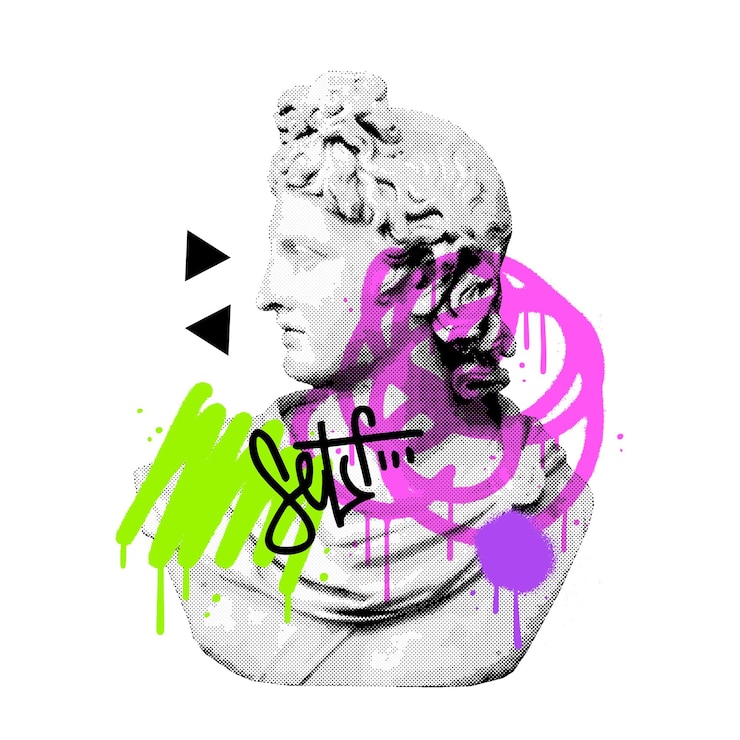 Vektor antike männliche büste, isoliert in retro-halfton-textur, vintage-punkt-pop-art-stil abstrakt