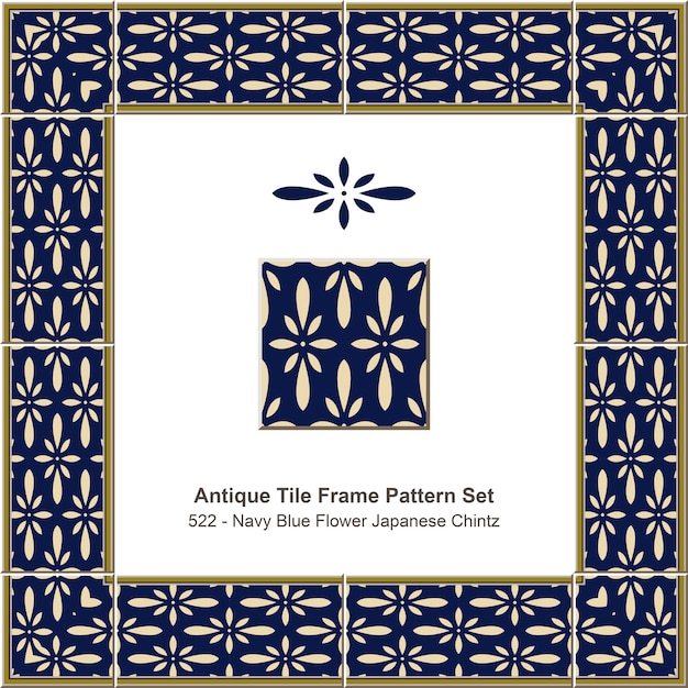 Antikes Fliesenrahmen-Musterset Navy Blue Flower Japanese Chintz
