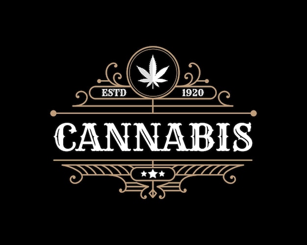 Antikes luxuriöses königliches vintage-cannabisblatt-logo mit dekorativem zierrahmen für hanfölmarke