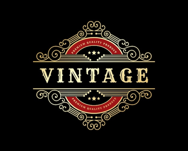 Antikes Retro-Luxus-viktorianisches Emblem-Logo mit floralem Zierrahmen