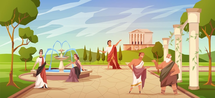 Vektor antikes römisches volk zivilbevölkerung zeitvertreib griechische männliche und weibliche charaktere in tuniken zypressen bäume kolosseum und amphitheater säulen tempel vektor cartoon flaches konzept