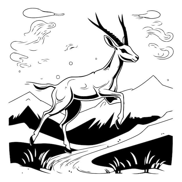 Vektor antilope in den bergen schwarz-weiß-vektorillustration einer antilope