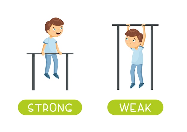 Antonyme und gegensätze. stark und schwach. zeichentrickfigurenillustration. karte zum unterrichten, fremdsprachenlernen.