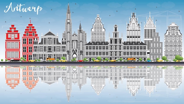 Vektor antwerpen-skyline mit grauen gebäuden, blauem himmel und reflexionen. vektor-illustration. geschäftsreise- und tourismuskonzept mit historischer architektur. bild für präsentationsbanner-plakat und website.