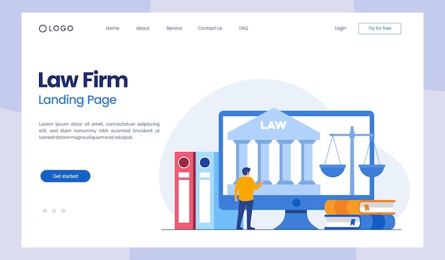 Anwaltskanzlei und Rechtsdienstleistungskonzept Anwaltsberater flache Illustrationsvektorbanner-Landingpage