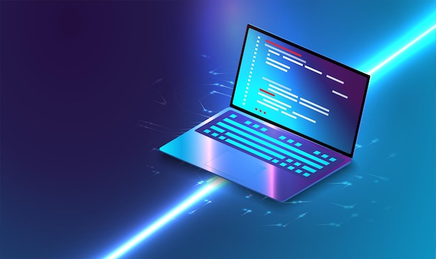 Anwendung mit Geschäftsdiagramm und Analysedaten zu isometrischen. Analysetrends und Codierungsprozesskonzept für die Softwareentwicklung. Programmieren, Testen von plattformübergreifendem Code