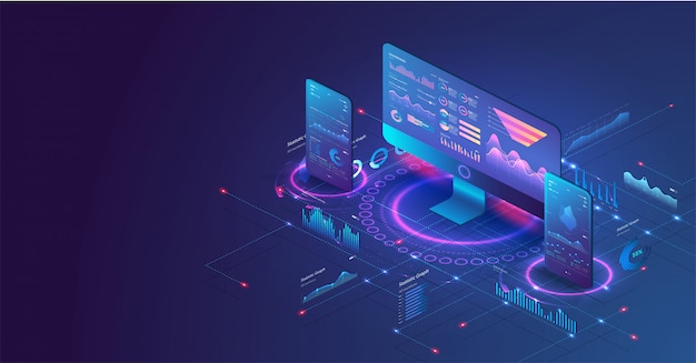 Anwendung von pc und telefon mit geschäftsdiagramm und analysedaten.