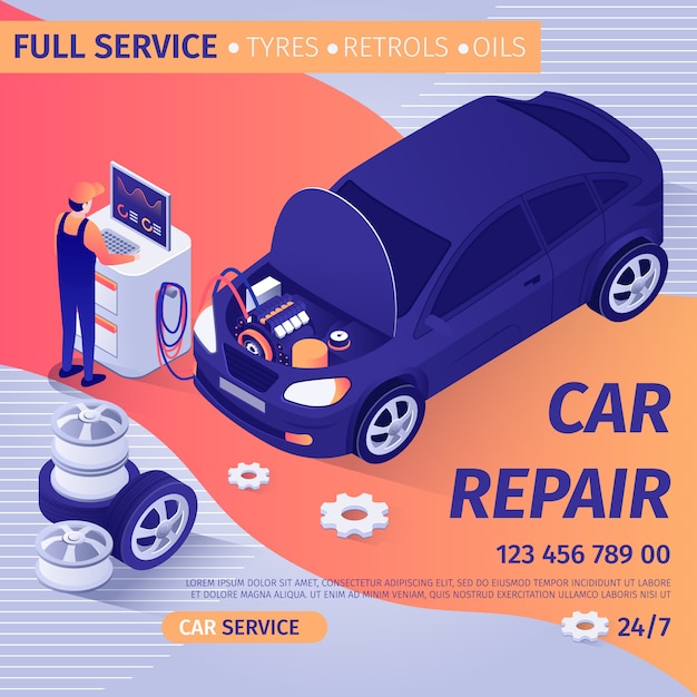 Anzeige für vollständige Autoreparatur mit Diagnoseservice.