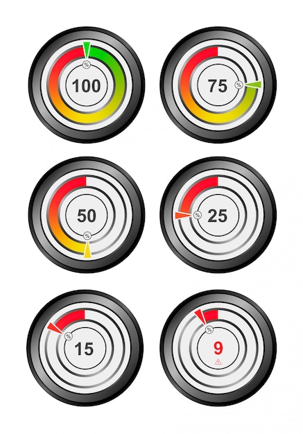 Anzeige von ladung, sauerstoff, energie, druck, manometer, temperatur und mehr. 100, 75, 50, 25, 15, 9 prozent. indikator für das ui-konzept.