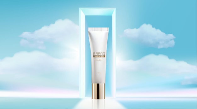 Anzeigen von kosmetischen Produkten mit Glastür und Wolkenhintergrund Kosmetik Vektor realistisch