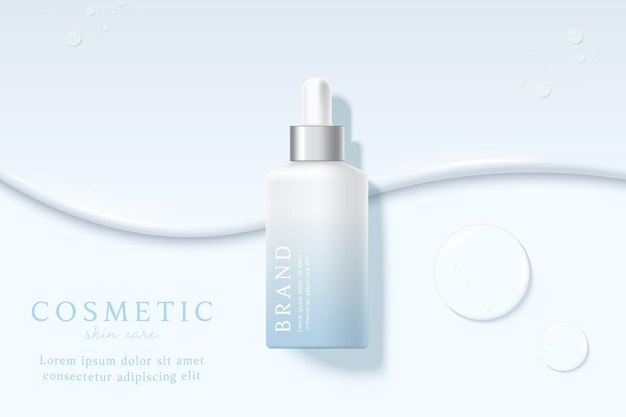 Anzeigenvorlage für Kosmetik- und Hautpflegeprodukte auf blauem Hintergrund mit Wassertropfen