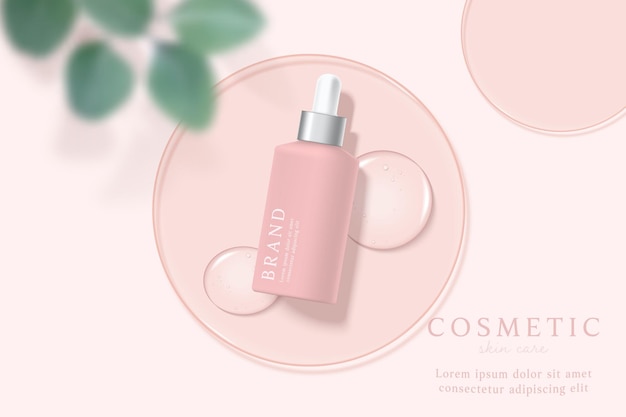 Anzeigenvorlage für Kosmetik- und Hautpflegeprodukte auf rosa Hintergrund mit Wassertropfen