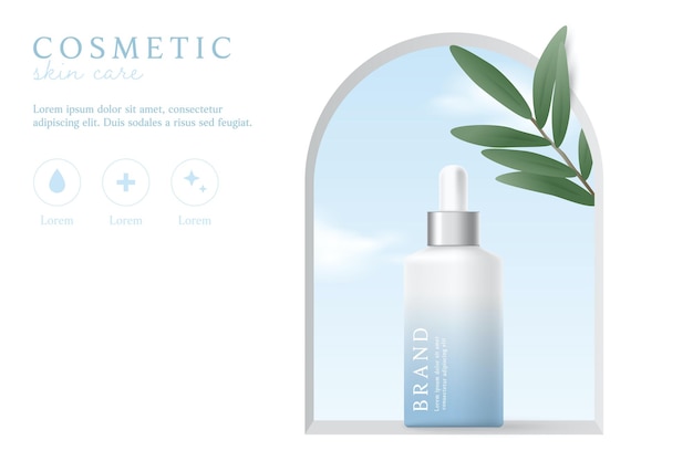 Anzeigenvorlage für Kosmetik- und Hautpflegeprodukte auf weißem Hintergrund mit Blättern