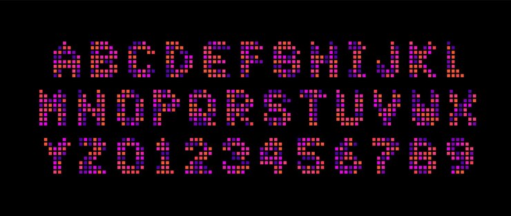 Anzeigetafel Buchstaben und Zahlen eingestellt. Digitaler Bildschirm, quadratisches Mosaik, lateinisches Alphabet im LED-Stil. Typografie-Design.
