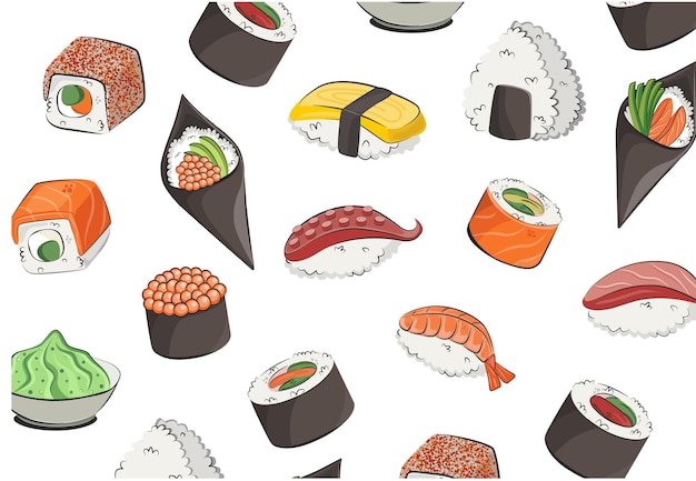 Apanesische Küche Lebensmittel Vektormuster flache Illustration isoliert auf weißem Hintergrund Sushi-Rollen Onigiri Sojasauce Set nahtloses Muster Stock Bild für Restaurantmenüs und Posterlieferung
