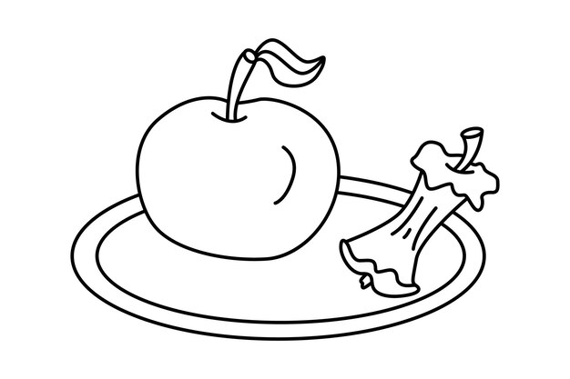 Apfel und baumstumpf, vektor-doodle, handgezeichnete illustration, schwarzer umriss