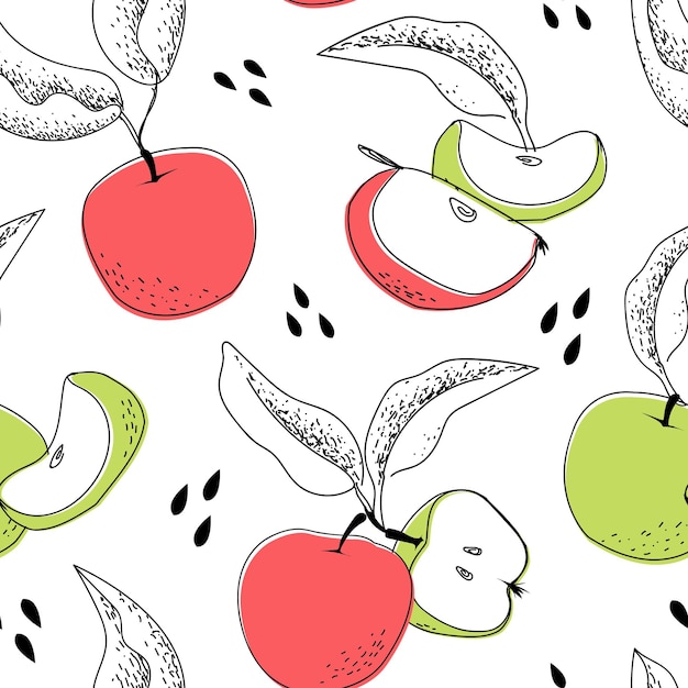Apfelmuster nahtloser cartoon-druck mit roten oder grünen obstgartenfrüchten gesunde bio-produktverpackung handgezeichnete blätter und samen vegetarisches essen vektor-gartenernte-textur