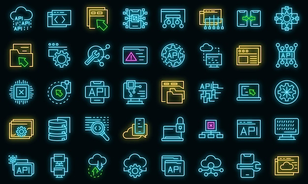 Api-symbole eingestellt. umrisse von api-vektorsymbolen neonfarbe auf schwarz