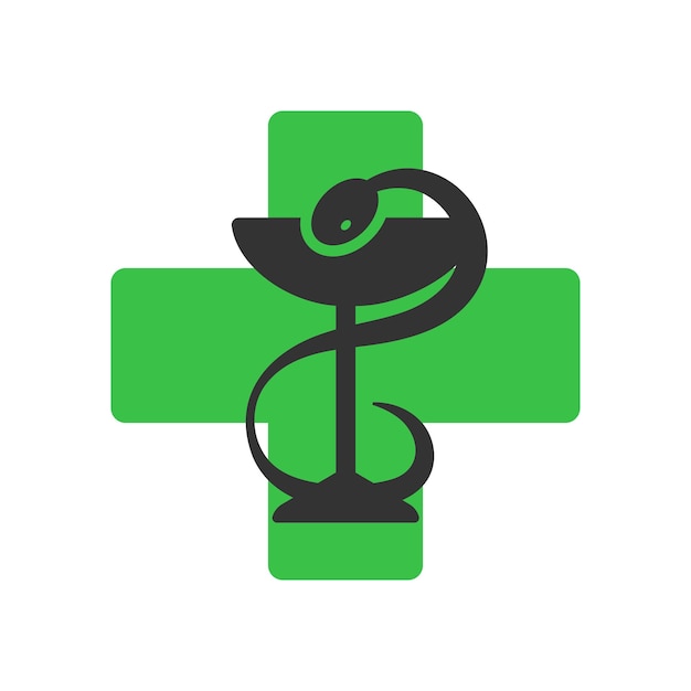 Vektor apothekensymbol mit caduceus-grünem kreuz-symbol schüssel mit einem schlangenvektor