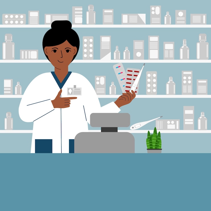 Vektor apotheker in der apotheke hinter der theke eine apothekerin hält medikamente in der hand