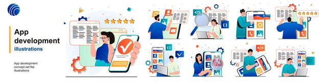 App-Entwicklung isoliertes Set Programmierer entwickeln Software und Software von Szenen im Flat Design