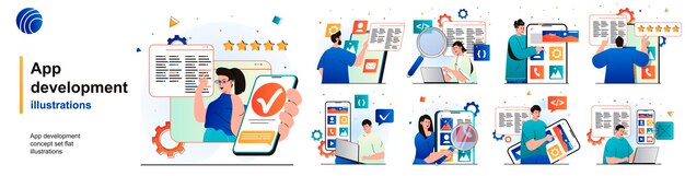 App-entwicklung isoliertes set programmierer entwickeln software und software von szenen im flat design