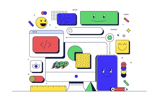 App-Entwicklungskonzept Handy-PC und verwandte Symbole Flache Linie 90er Cartoon-Stil Vektor-Illustration