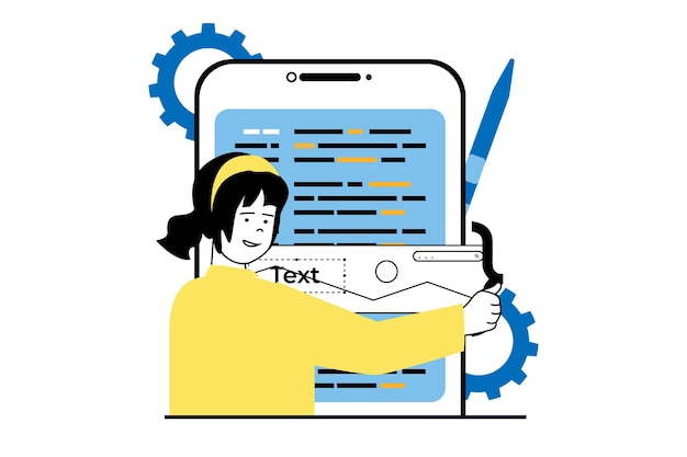 App-Entwicklungskonzept mit Menschenszene im flachen Webdesign. Frau entwickelt Wireframe-GUI-Attrappe, platziert Schaltflächen und Symbolleiste. Vektorillustration für Social-Media-Banner-Marketingmaterial