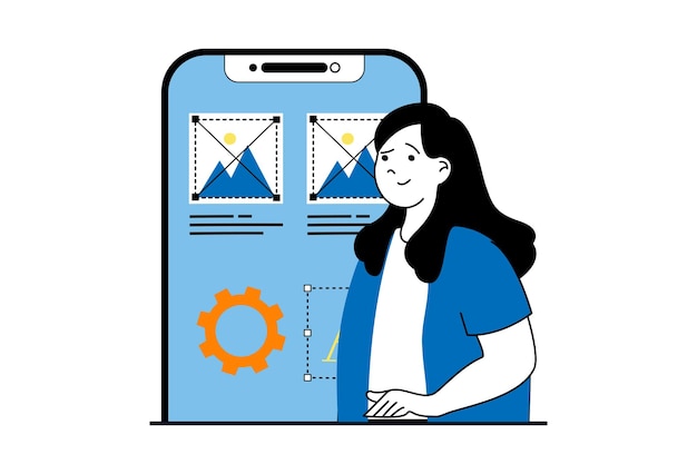 App-Entwicklungskonzept mit Menschenszene im flachen Webdesign. Frau entwirft Wireframe-GUI-Prototyp, der Elemente und Inhalte platziert. Vektorillustration für Social-Media-Banner-Marketingmaterial