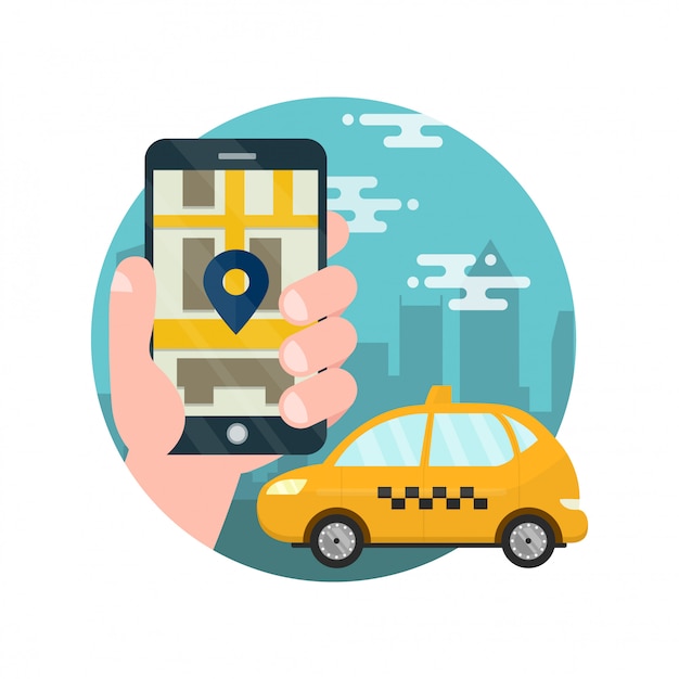 App für taxi.Man hält die Hand mit dem Smartphone. Antrag auf Taxiruf.