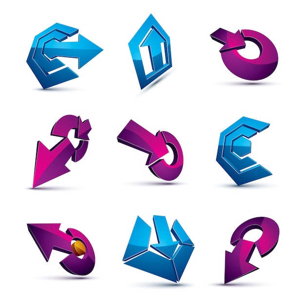 App-Schaltflächen für dimensionale Vektoren. Sammlung von Pfeilen, Richtungssymbolen und verschiedenen grafischen Symbolen für Unternehmen.
