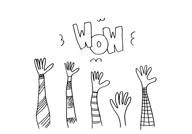 Applaus-Hand zeichnen auf weißem Hintergrund mit Wow-Textvektorillustration