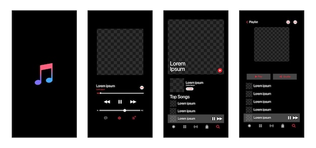 Vektor apple-musik-schnittstelle app-musik app-schnittstellen-vorlage auf apple iphone mockup dunkles thema abonnementsmusik-player profil album song playlist mockup redaktionelle vektorillustration