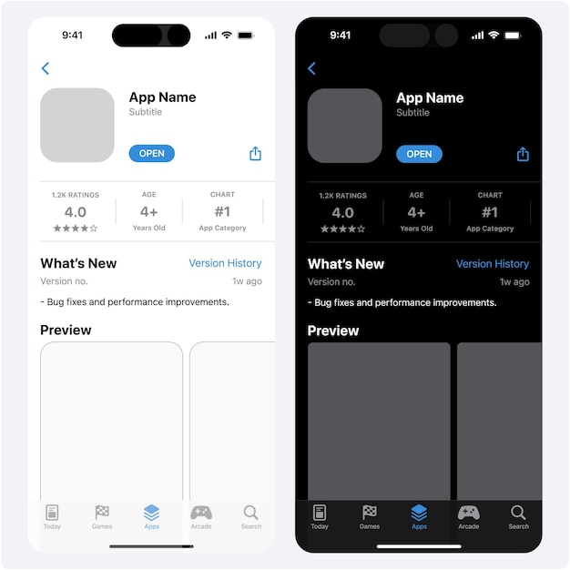 Applictiona Store-Listing-Vorlage Store für mobile Apps Mockup App-Seitenprofil mit Bewertung