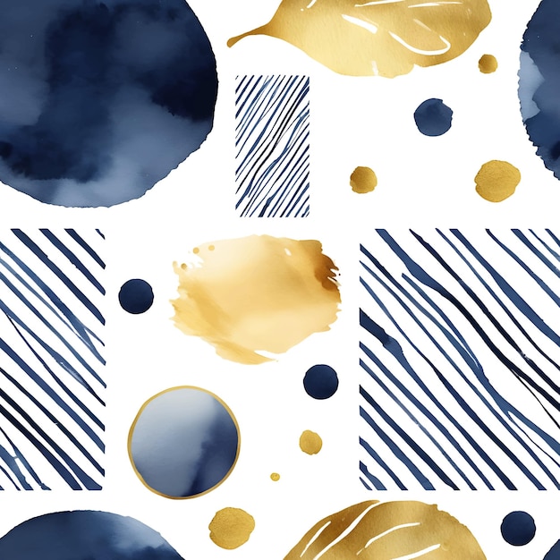 Aquarell abstrakte marineblaue flecken und goldene linien nahtlose muster vektorillustration