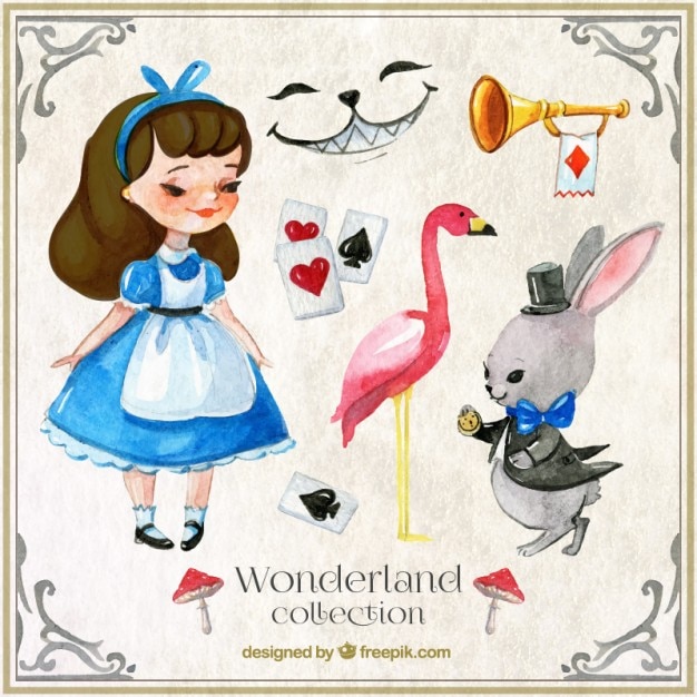 Aquarell Alice im Wunderland Charaktere und Elemente