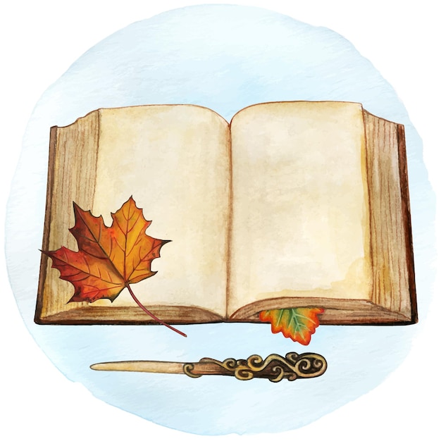 Aquarell altes buch mit herbstblättern und zauberstab