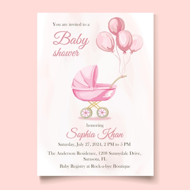 Aquarell-Baby-Mädchen-Einladung mit Kinderwagen Fahrt bei der Babyshower