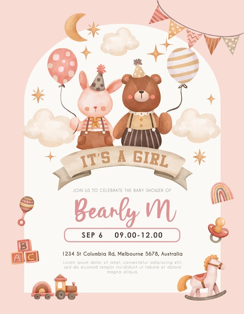 Aquarell Babyshower und Einladung für Geburtstagsmädchen