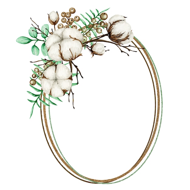 Aquarell Baumwolle Blume Gold Rahmen. Botanische Hand gezeichnete Öko-Hochzeitskartenillustration.