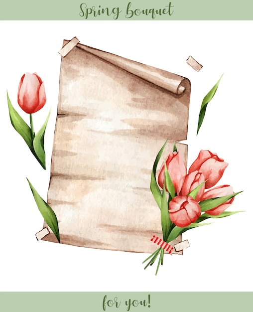 Aquarell bemaltes pergament mit einem strauß zarter tulpen bastelposter