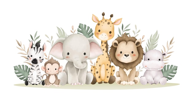 Aquarell-Bild Safari-Tier und tropische Blätter