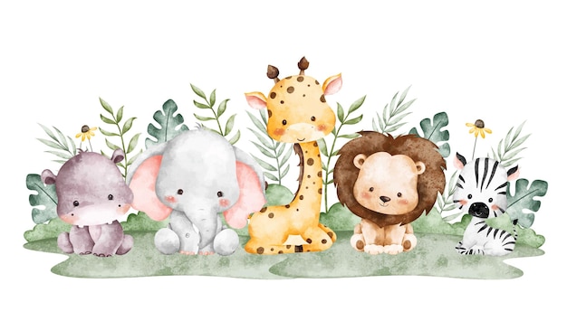 Aquarell-Bild Safari-Tier und tropische Blätter
