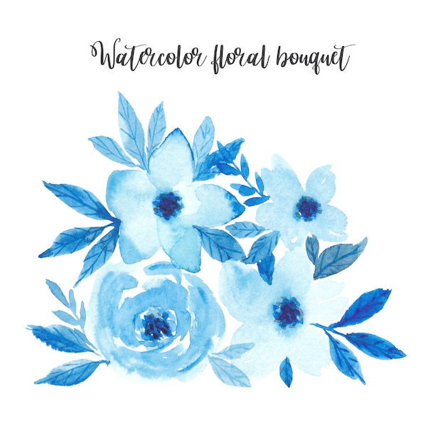 Aquarell blau blüht Blumenstrauß. Einfarbiges Aquarellblumengesteck