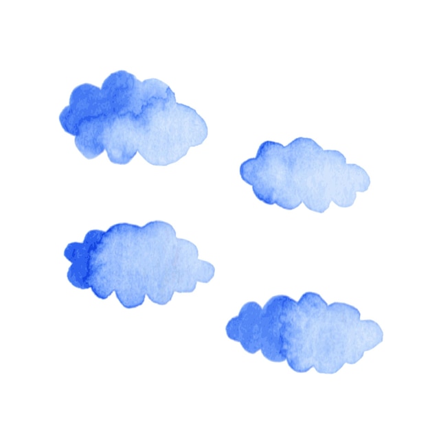 Aquarell blaue Wolken auf weißem Hintergrund. Dekorative Elemente. Vektorillustration