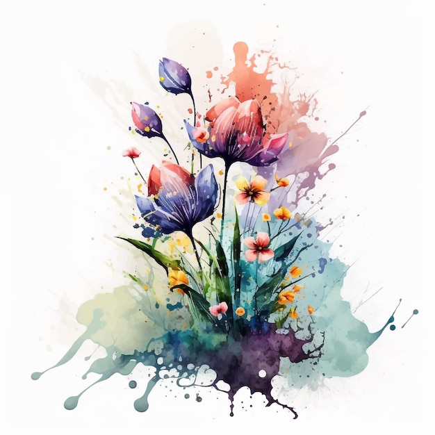 Aquarell blühende frühlingsblumen mit splash-hintergrund. illustration für kartendesign-druckplakat