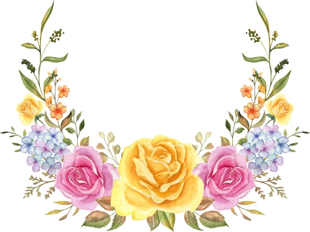 Aquarell-Blumenarrangement, Aquarell-Blumenstrauß, Rosenrosa und Gelb für die Hochzeit.