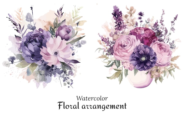 Aquarell-blumenarrangement mit einem lila blumenstrauß