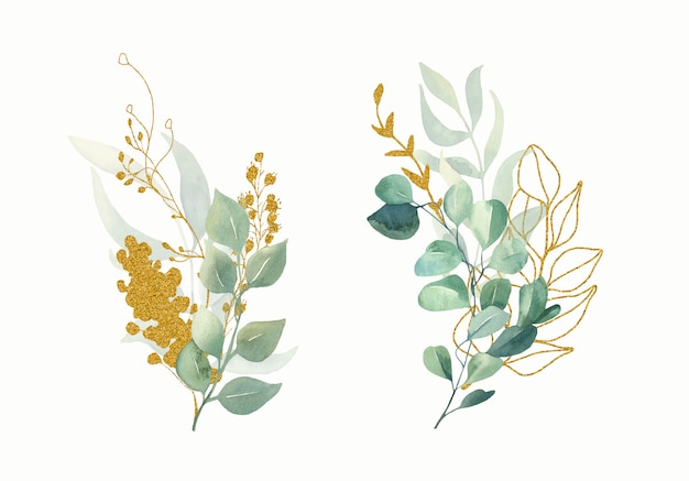 Aquarell Blumengrün und Blattgold Blumensträuße.